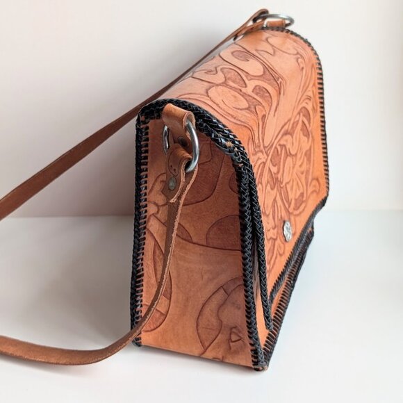 Vintage Hand Tooled Leather Purse Crossbody Shoulder Bag W/ Lily Flower & Fairy - Picture 3 of 14